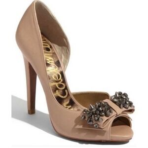 Sam Edelman Lorna Nude Leather Peep Toe Heels Rhinestone‎ Bow Embellished 7